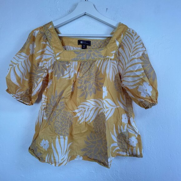 Reyn Spooner Womens XS Yellow Floral Hawaiian Square Neck Blouse Top Puff Sleeve - Picture 1 of 9
